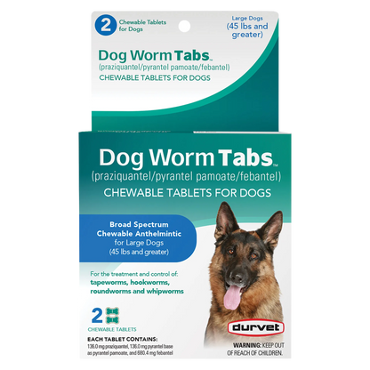 Dog Worm Tabs,"Front of box with German shepherd image for large dogs"