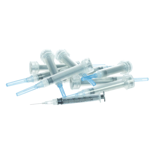3cc MonoJect™ Syringes with 22 gauge Needles,"Pile of clear syringes with blue needle caps"