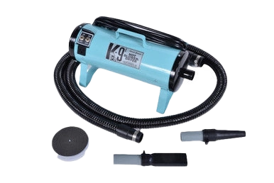 K-9 I Dog Dryer,"Blue pet dryer with hose and three nozzle attachments"