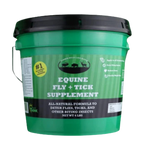 Equine Fly and Tick Supplement Bucket by Shield,"Green plastic bucket with black lid and front label"