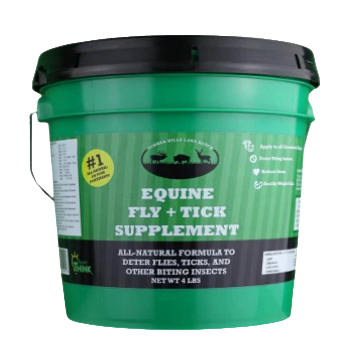 Equine Fly and Tick Supplement Bucket by Shield,"Green plastic bucket with black lid and front label"