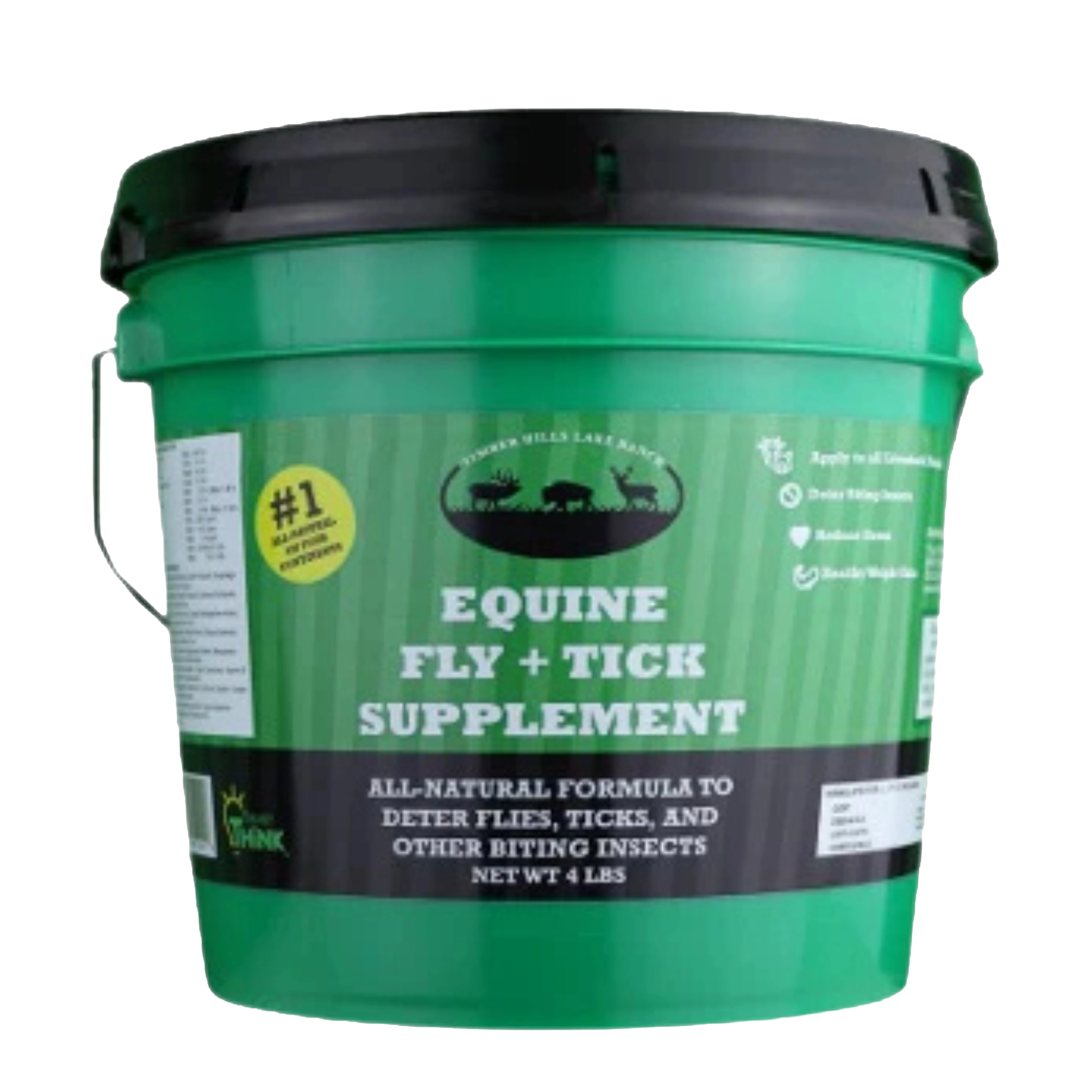 Equine Fly and Tick Supplement Bucket by Shield,"Green plastic bucket with black lid and front label"