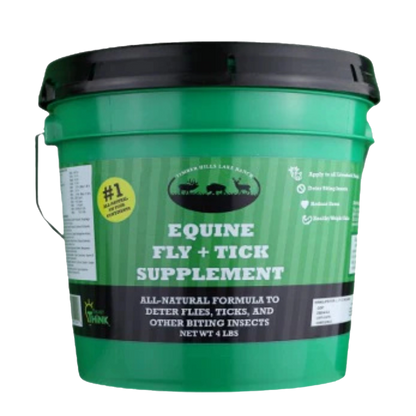 Equine Fly and Tick Supplement Bucket by Shield,"Green plastic bucket with black lid and front label"