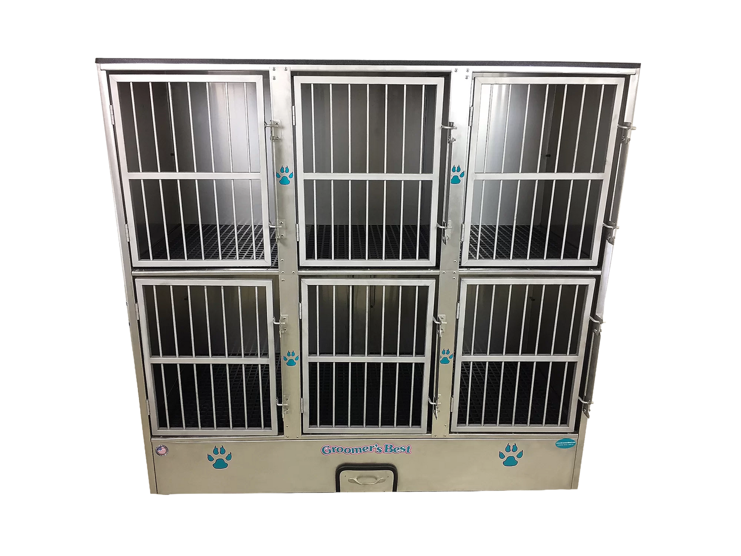 Cage Banks,"Six-compartment stainless steel cage bank with barred doors"