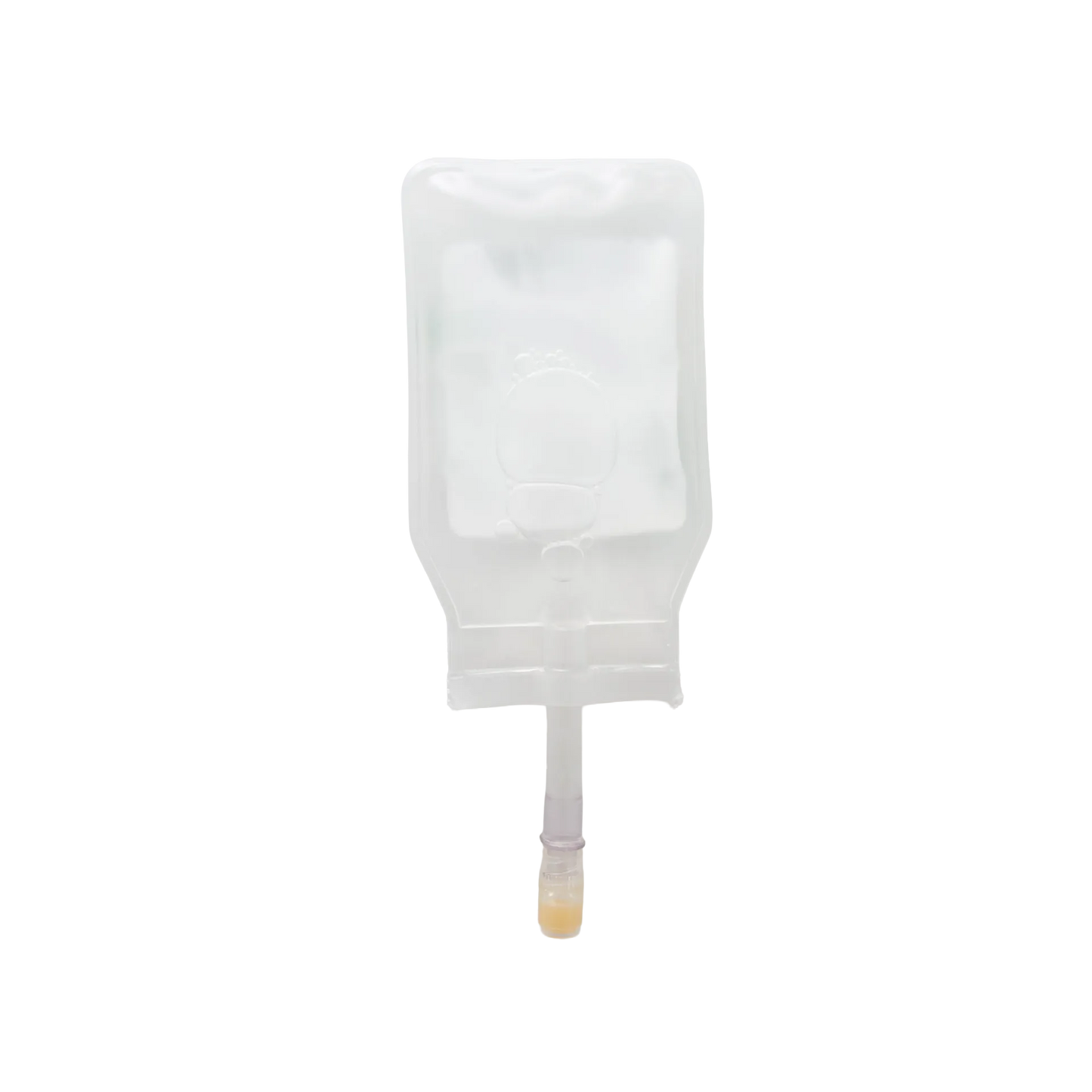 ABT360 Holding Media Adapt with HA,"Clear hanging media bag with tubing and yellow cap"