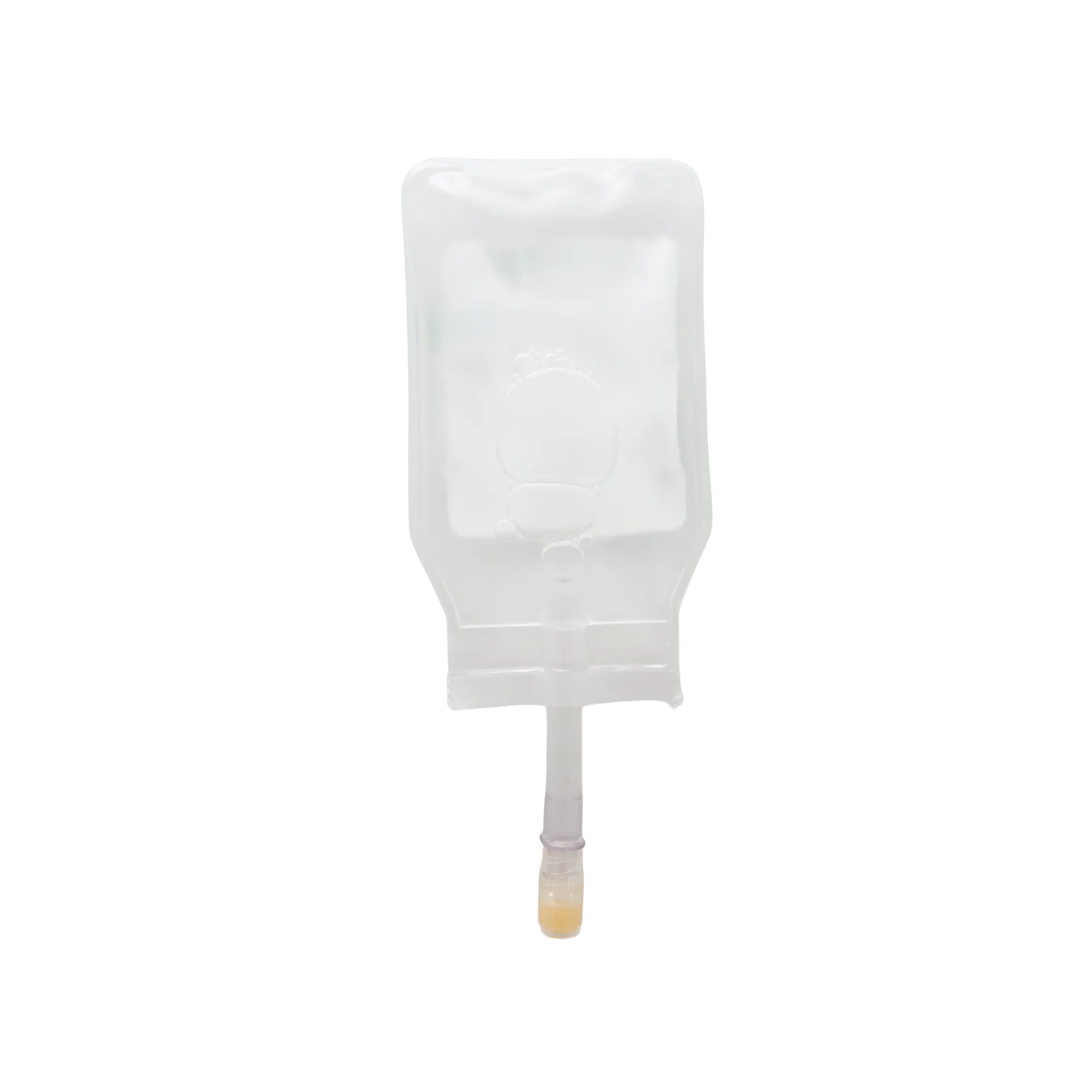 ABT360 Holding Media Adapt with HA,"Clear hanging media bag with tubing and yellow cap"