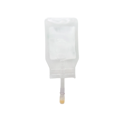 ABT360 Holding Media Adapt with HA,"Clear hanging media bag with tubing and yellow cap"