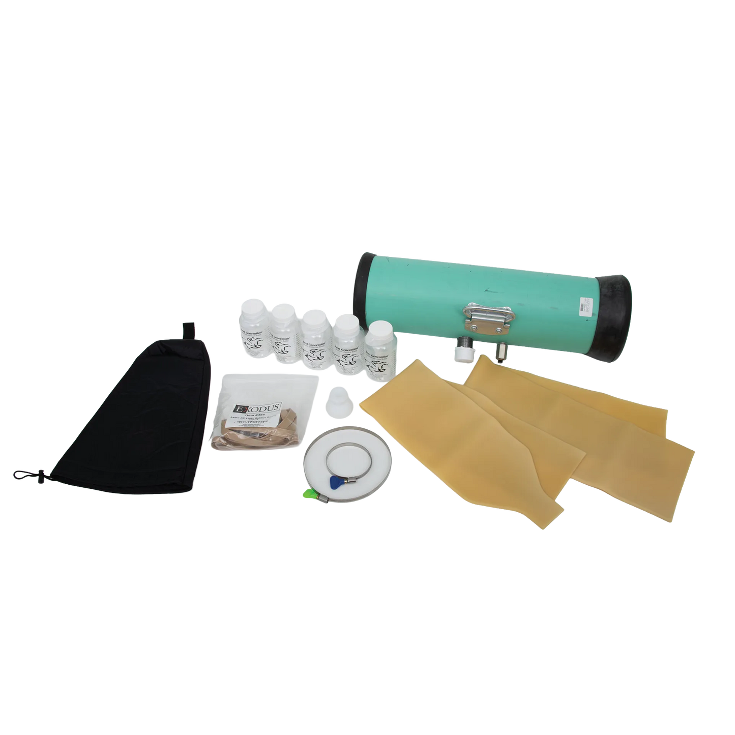 Complete Colorado A.V. System,"Green cylindrical tube with bottles, hose, pouch, and yellow sheets"