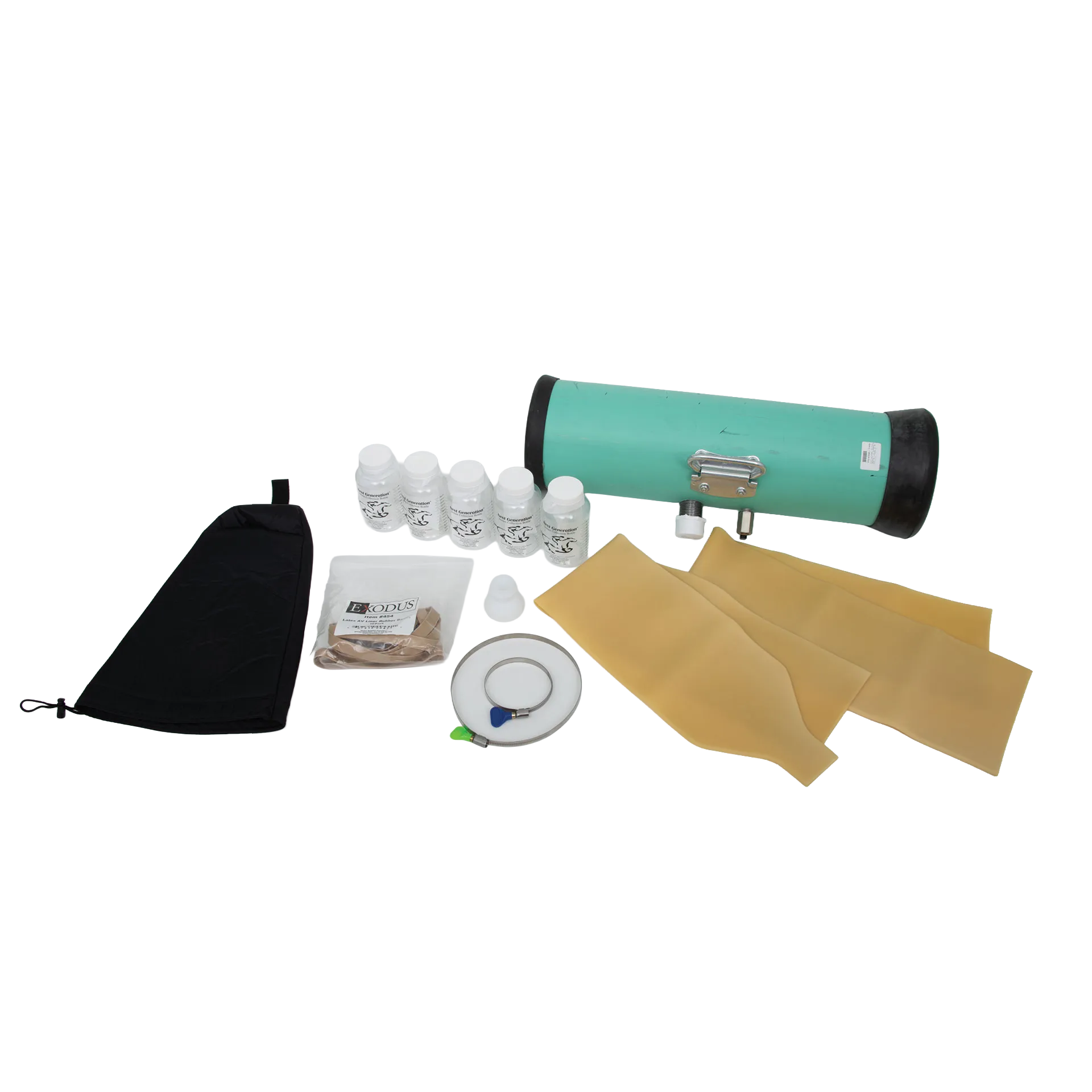Complete Colorado A.V. System,"Green cylindrical tube with bottles, hose, pouch, and yellow sheets"