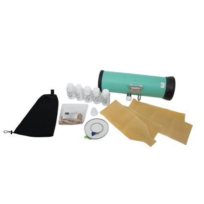 Complete Colorado A.V. System,"Green cylindrical tube with bottles, hose, pouch, and yellow sheets"