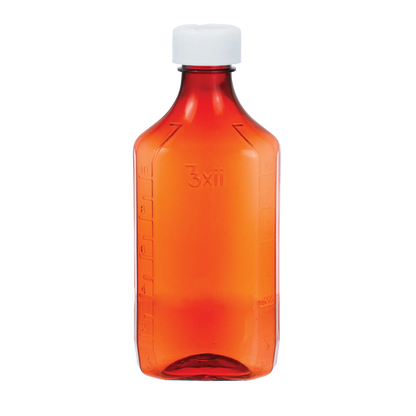 Amber Bottles,"Amber bottle with white screw cap and measurement markings"
