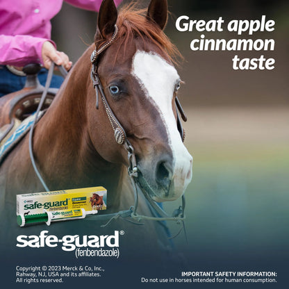 Safe-Guard® Equine Dewormer,"Dewormer paste box with oral syringe and horse image"