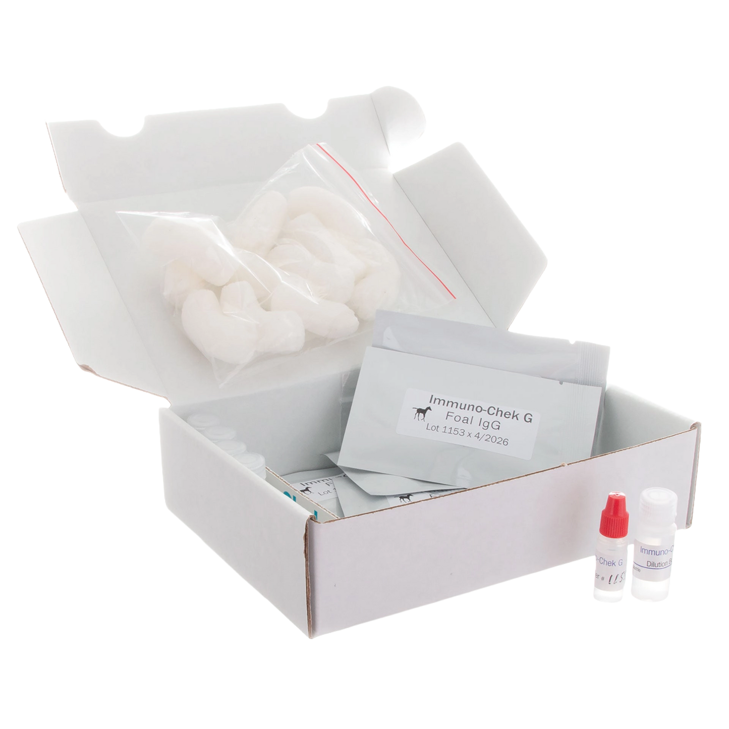 IgG Immunocheck,"Open test kit box with vials, packets, and cotton swabs"
