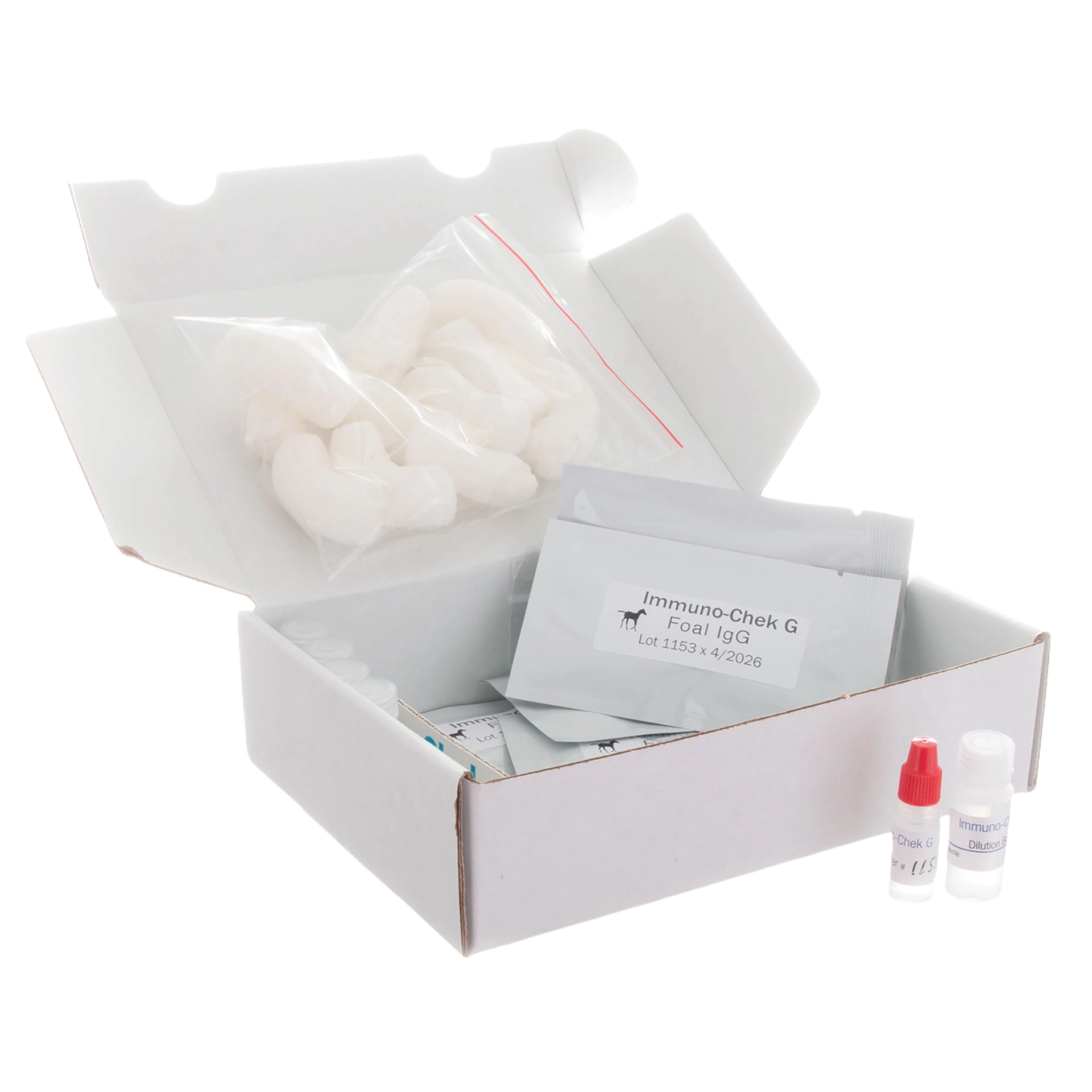 IgG Immunocheck,"Open test kit box with vials, packets, and cotton swabs"