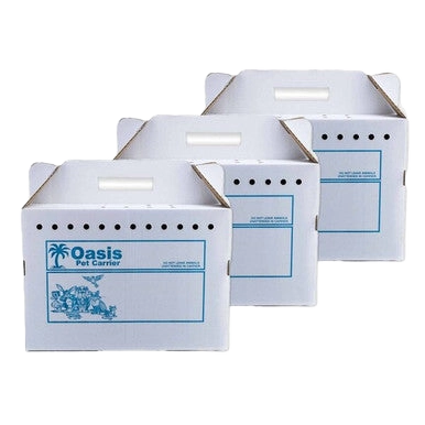 Disposable Cardboard Pet Carriers,"Three white cardboard pet carriers with handles"