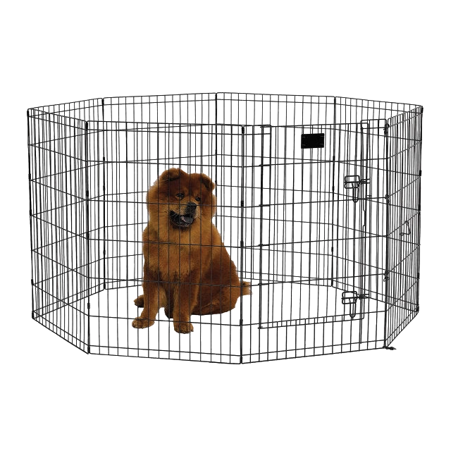 Midwest® Exercise Pen with Walk-Thru Door,"Metal wire exercise pen with dog inside"