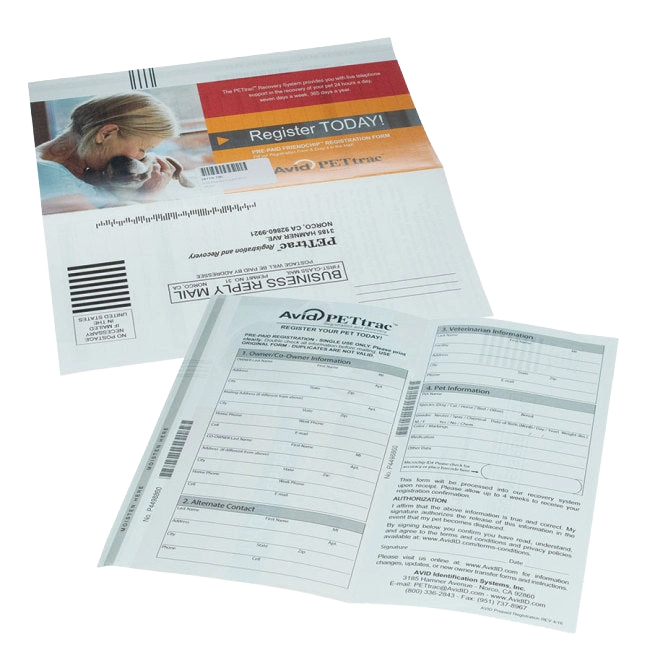 Avid Microchip Registration Forms,"Registration form sheets with attached prepaid mailer"