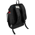 Drop Bottom Week Away Backpack,"Black backpack with padded straps and side pocket"