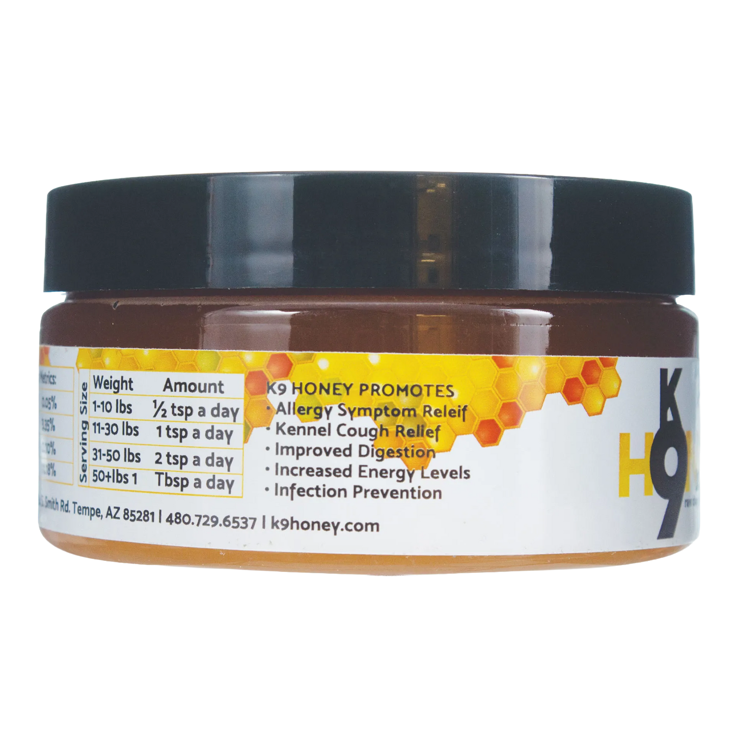 K9 Honey,"Amber jar with black lid, side label close-up"