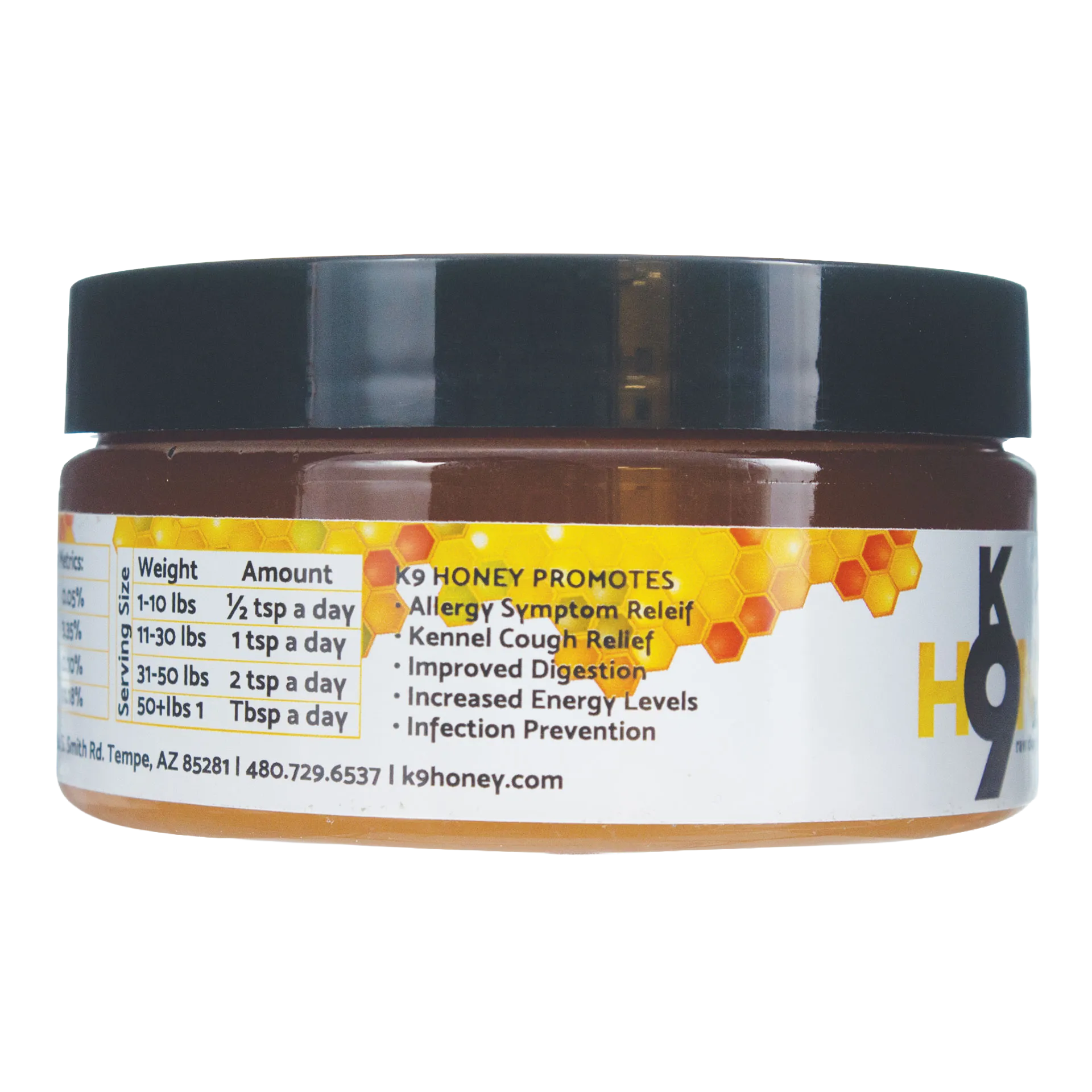K9 Honey,"Amber jar with black lid, side label close-up"