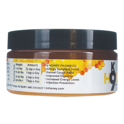 K9 Honey,"Amber jar with black lid, side label close-up"