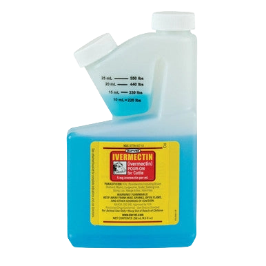 Ivermectin Pour-On Generic,"Blue bottle with angled measuring chamber and white cap"