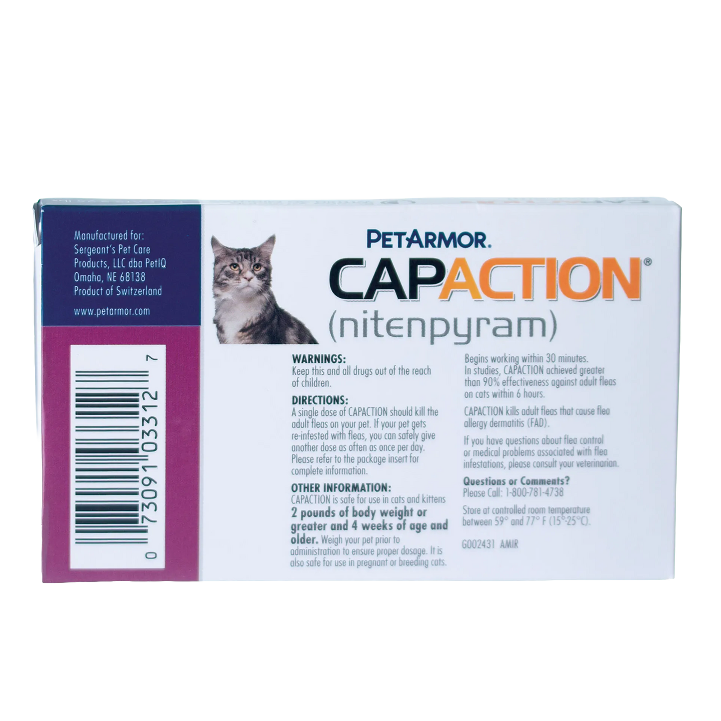 CapAction®,"Side view of box with cat photo and barcode"