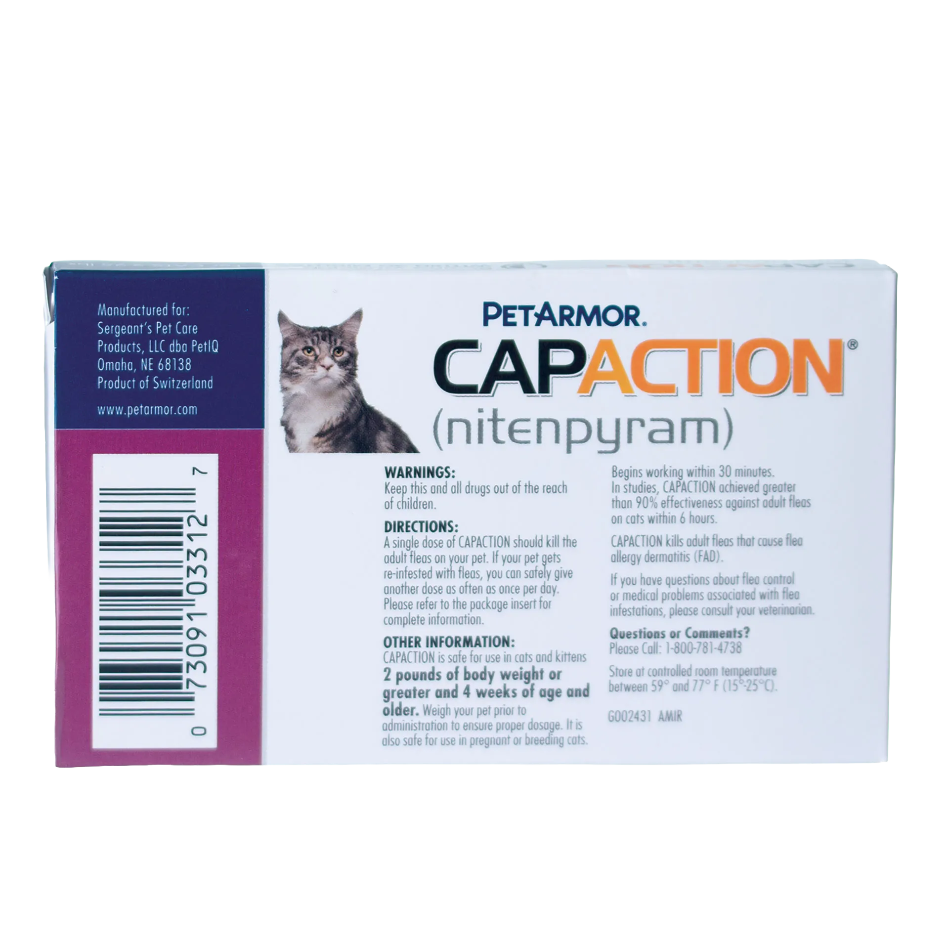 CapAction®,"Side view of box with cat photo and barcode"