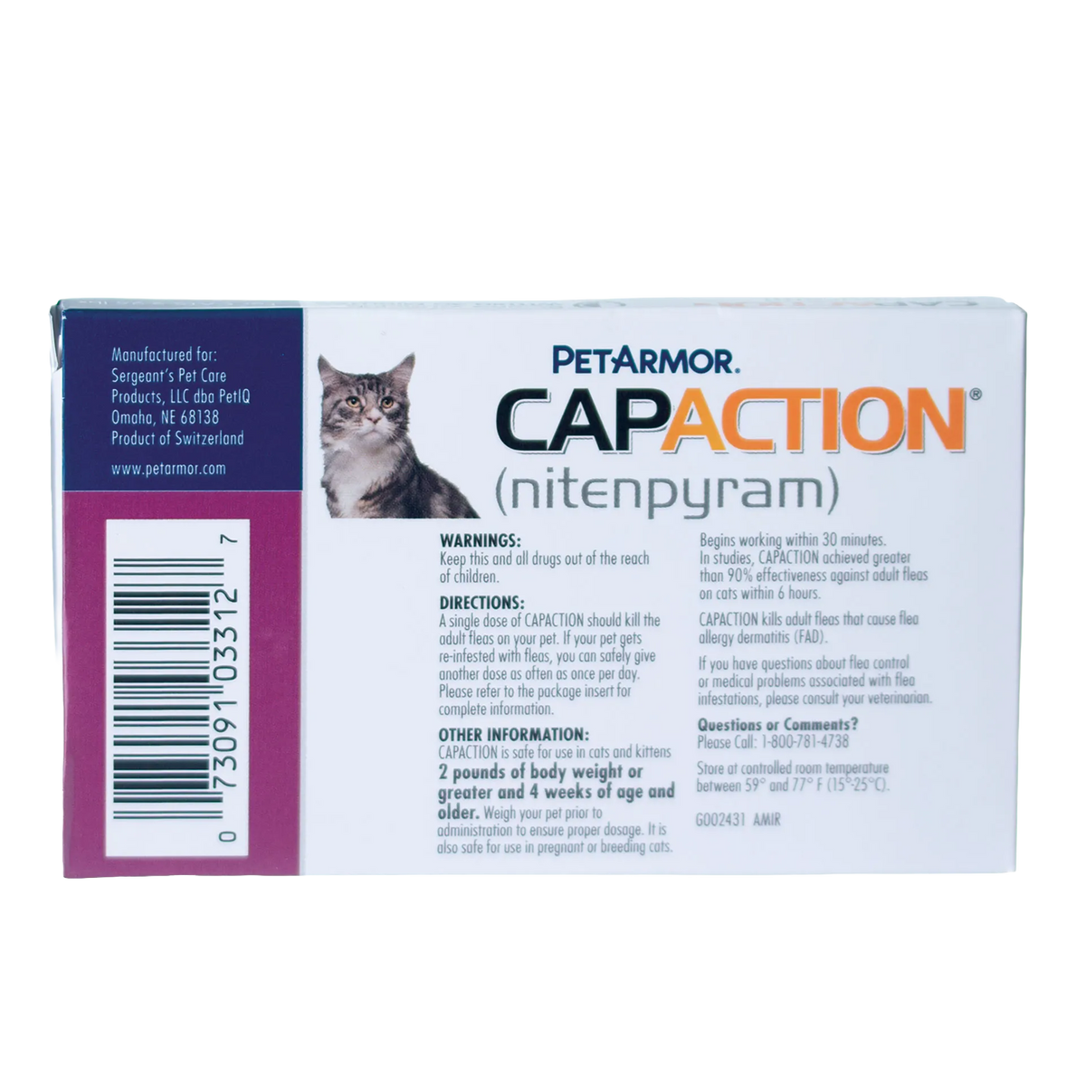CapAction®,"Side view of box with cat photo and barcode"