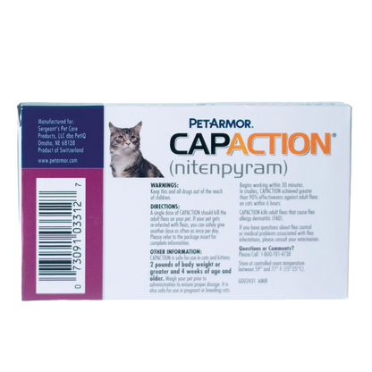 CapAction®,"Side view of box with cat photo and barcode"