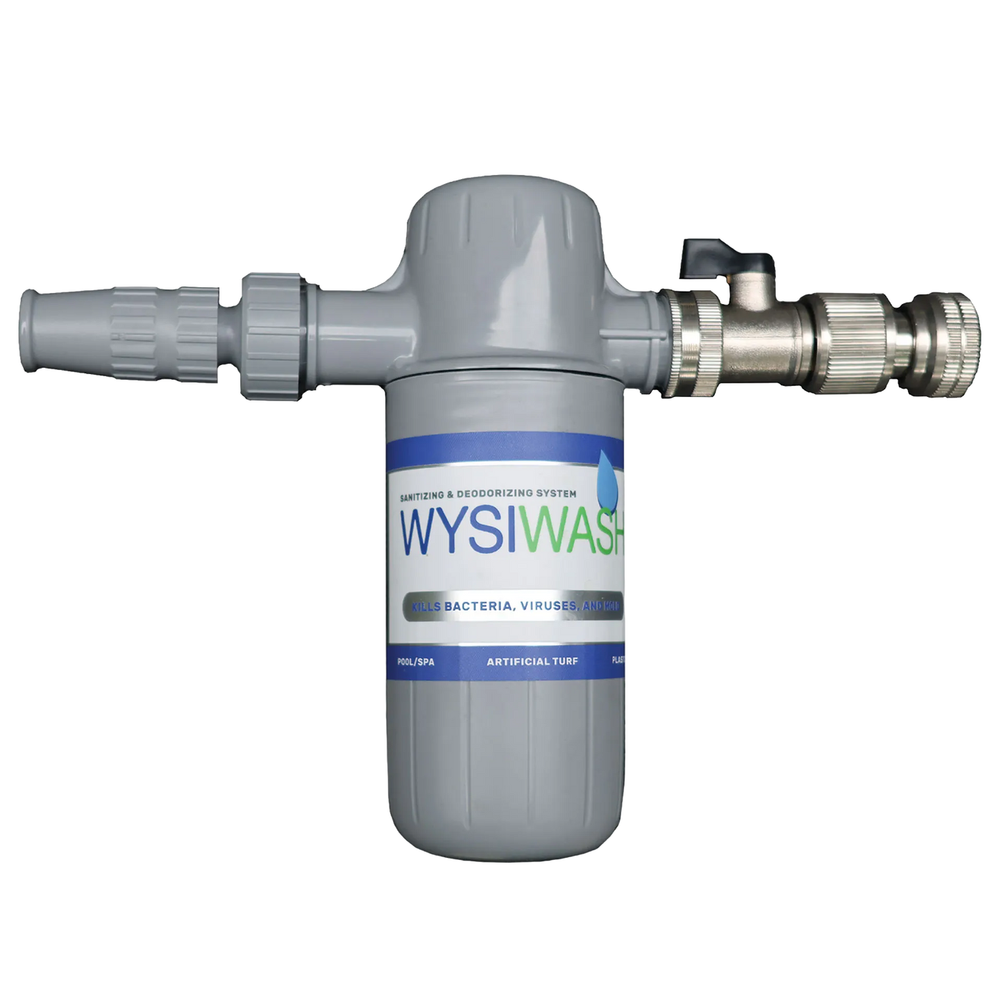 Wysiwash® Sanitizing System,"Gray hose-end sanitizing bottle with metal nozzle fitting"