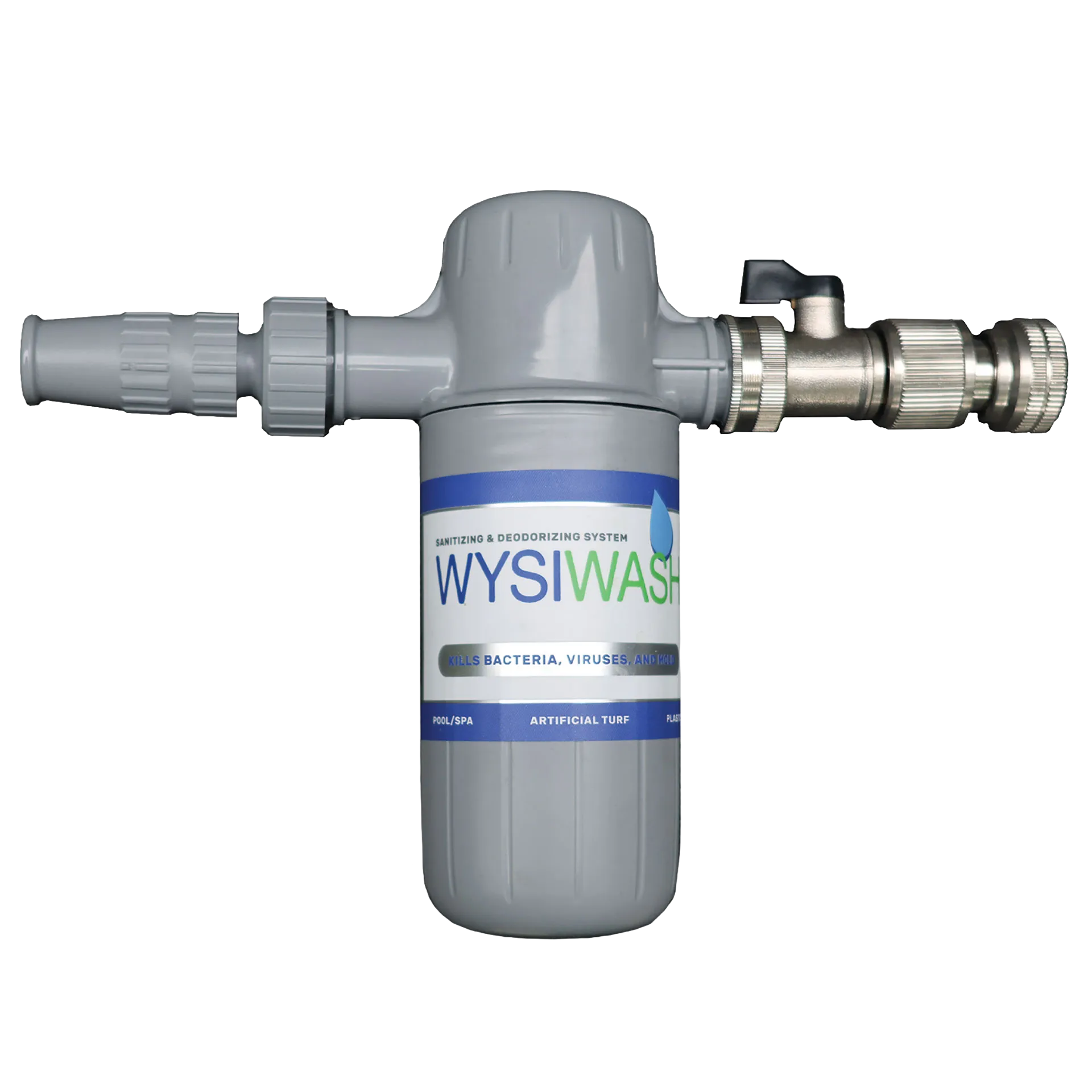 Wysiwash® Sanitizing System,"Gray hose-end sanitizing bottle with metal nozzle fitting"