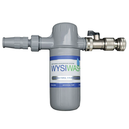 Wysiwash® Sanitizing System,"Gray hose-end sanitizing bottle with metal nozzle fitting"