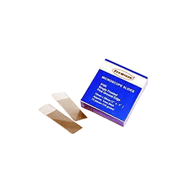 Microscope Slides / Microscope Covers,"Two glass microscope slides beside blue slide box"