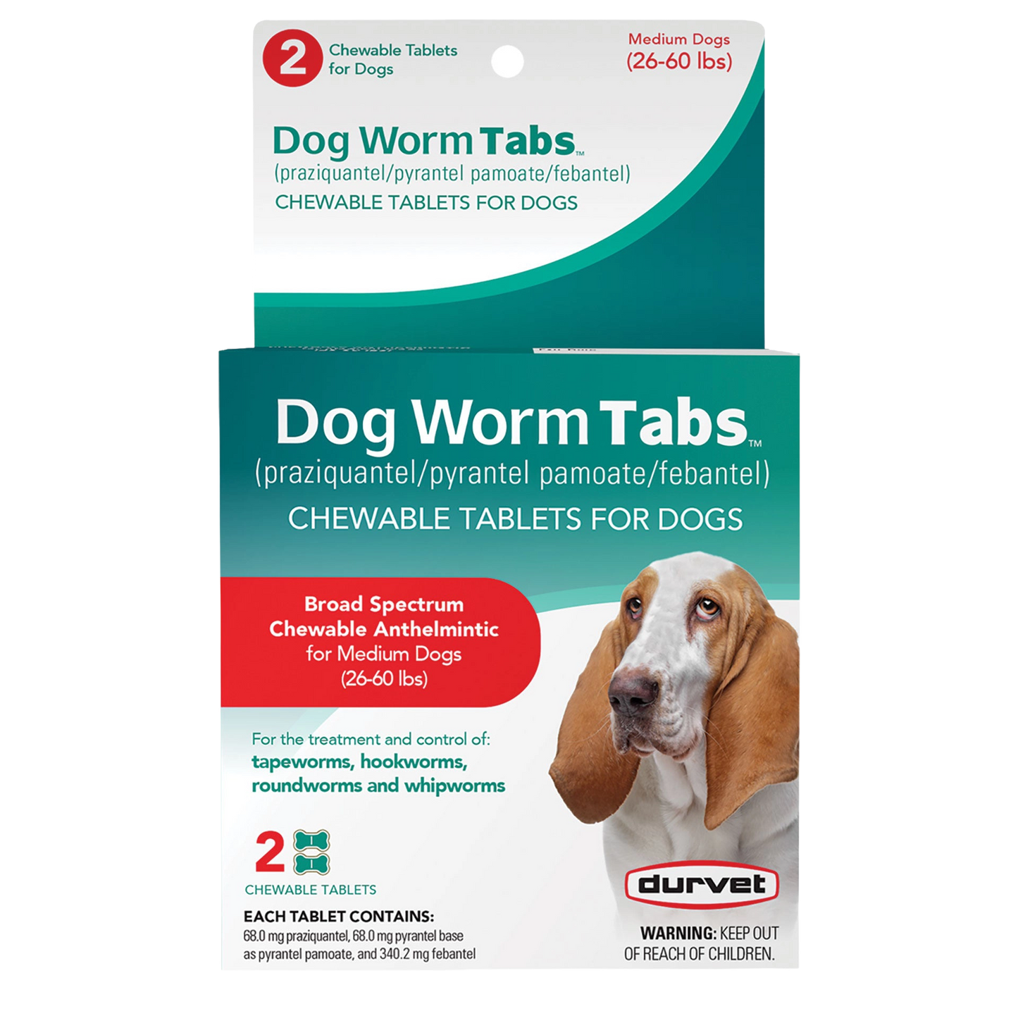 Dog Worm Tabs,"Front of box with medium dog photo and hanging tab"