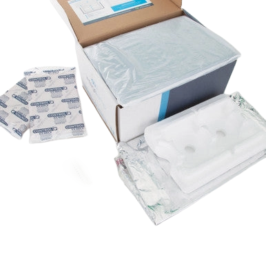 EquiSaver Cooled Semen Shipper,"Open shipping box with foam insert, cold pack, and sealed accessories"
