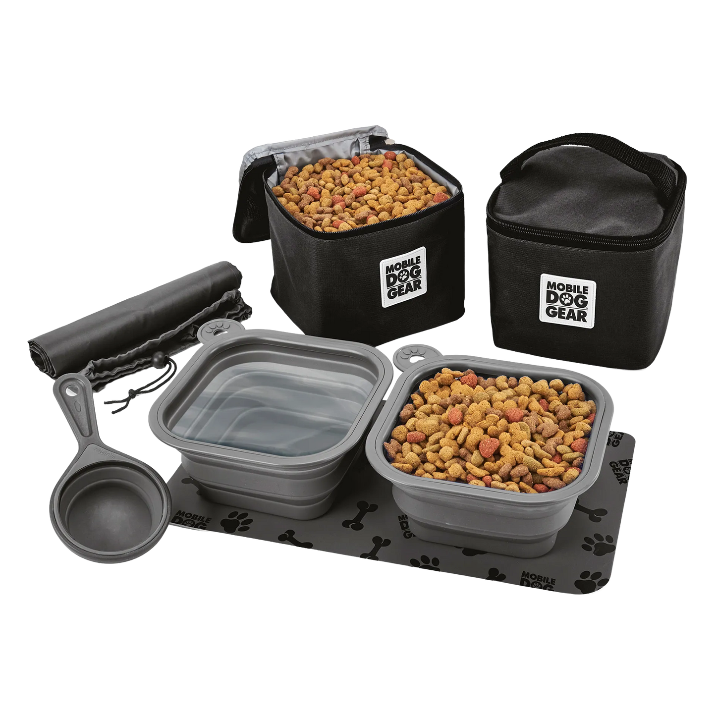Mobile Dog Gear Dine Away® Food Set,"Two food bags with collapsible bowls, scoop, and mat"