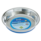 Shallow Heavy Pet Dishes,"Shallow stainless steel pet dish with blue rubber base"