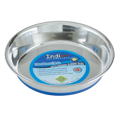 Shallow Heavy Pet Dishes,"Shallow stainless steel pet dish with blue rubber base"