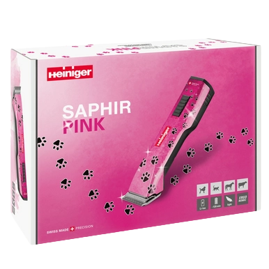 Pink Paws Saphir Cordless Clipper Two Batteries by Heiniger,"Pink retail box with clipper image and paw print design"