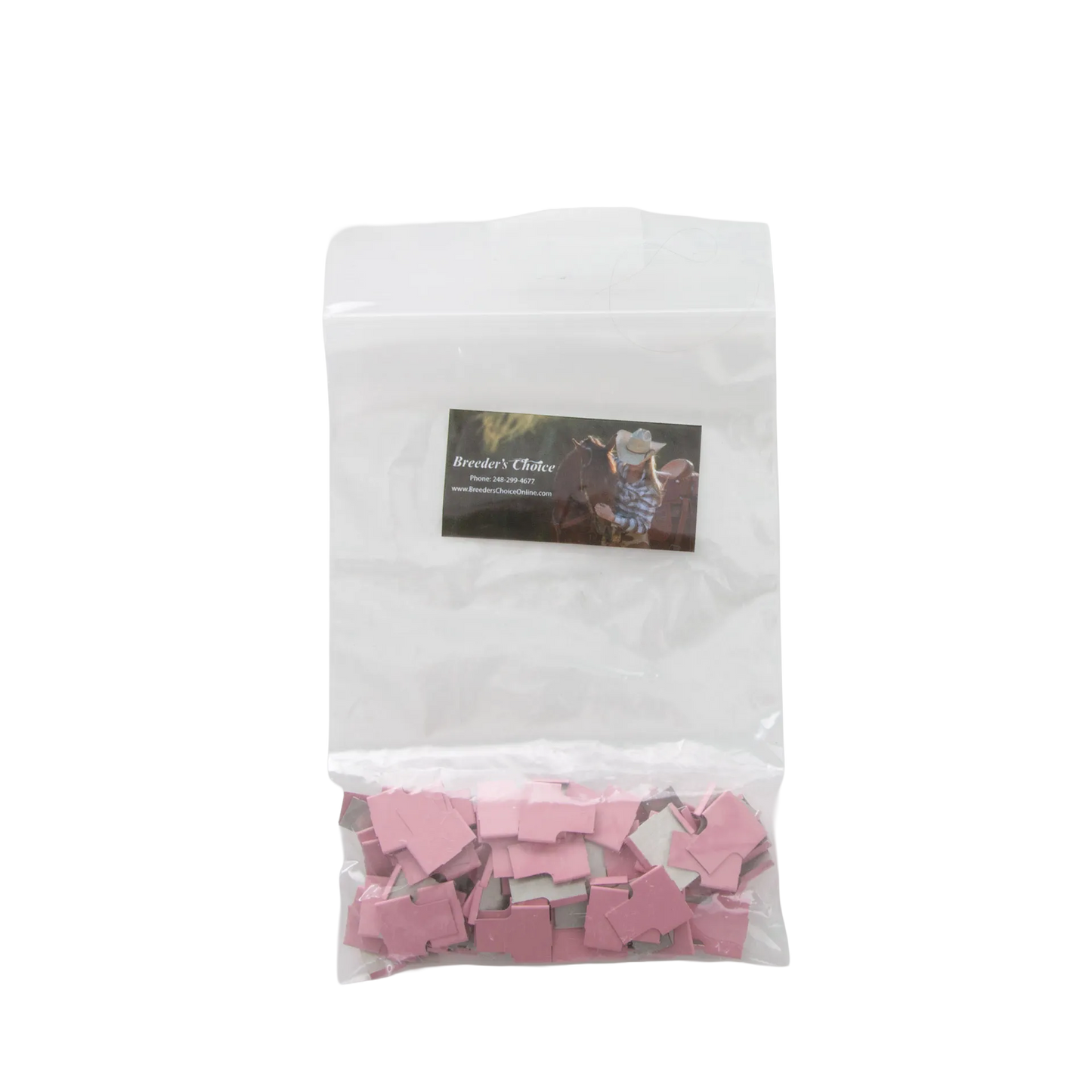 Cane Tabs,"Clear plastic bag with pink square adhesive tabs"