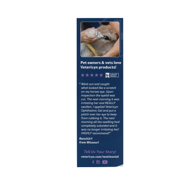 Vetericyn® Plus Animal Ophthalmic Gel,"Side panel of product box with horse photo and testimonial"