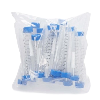 15ml Centrifuge tubes,"Bag of clear conical tubes with blue caps"