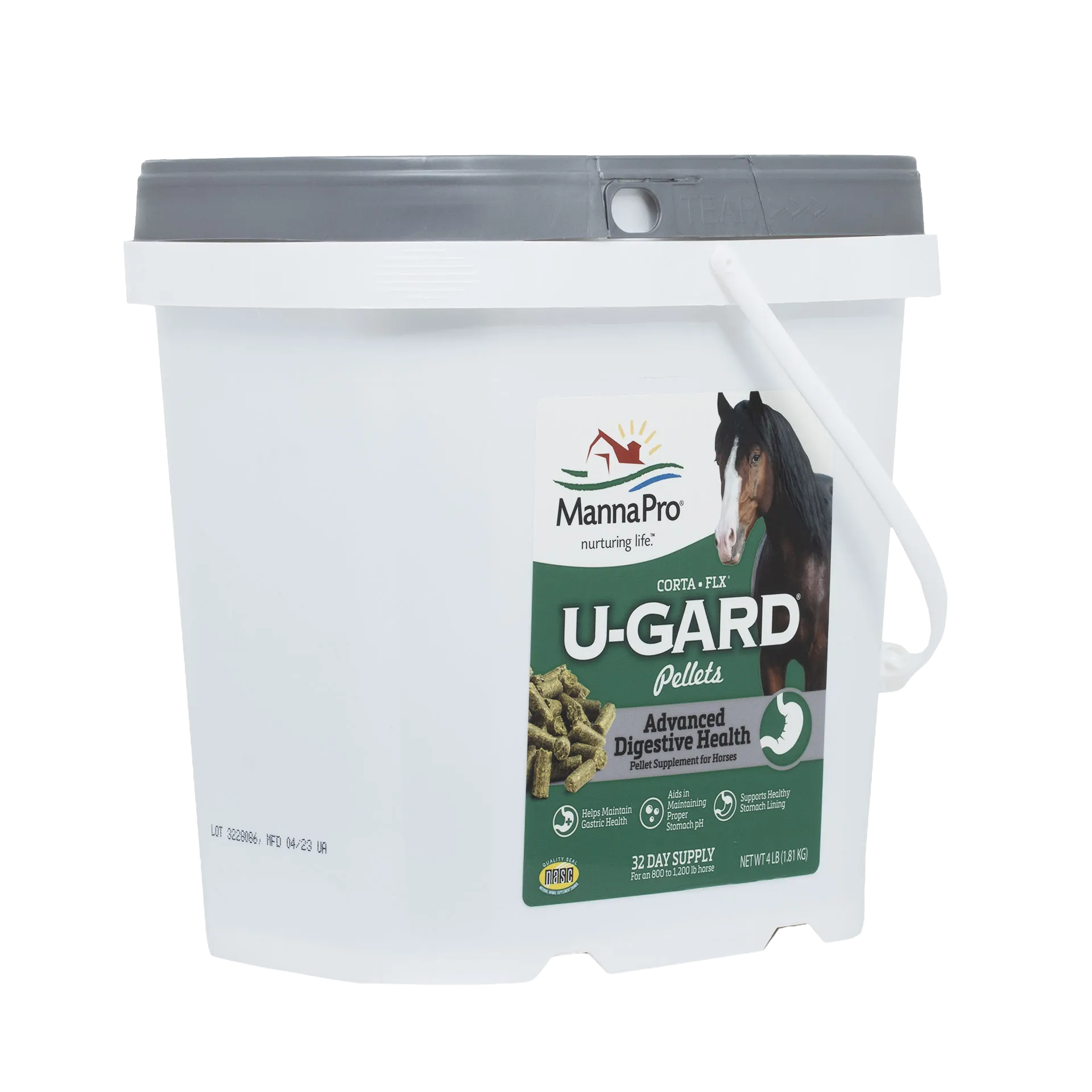 U-Gard® Pellets for Horses,"White plastic bucket with gray lid and handle"