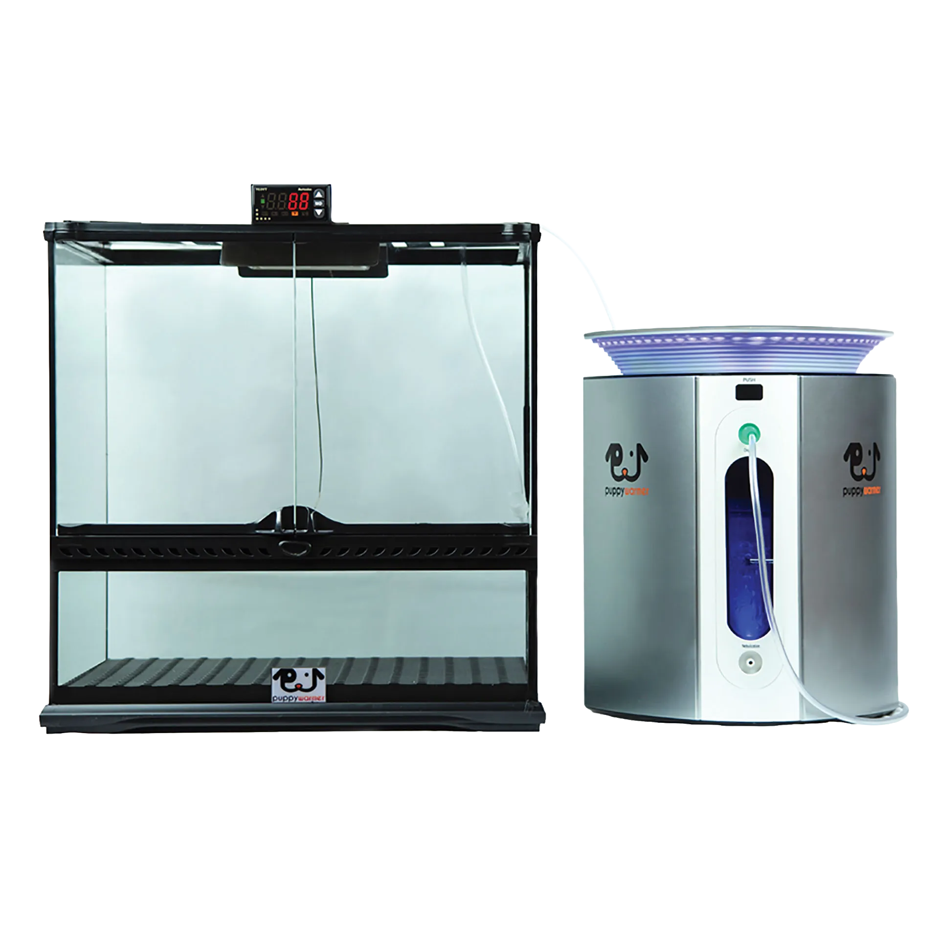 Puppywarmer® Oxygen Concentrator,"Glass pet enclosure connected to oxygen concentrator by clear tube"