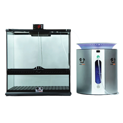 Puppywarmer® Oxygen Concentrator,"Glass pet enclosure connected to oxygen concentrator by clear tube"