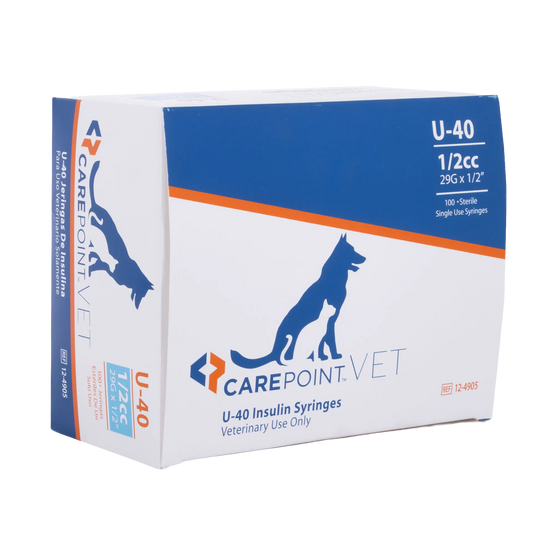 U40 1/2cc Insulin Syringe 29g x 1/2","Box of syringes with dog and cat graphic"