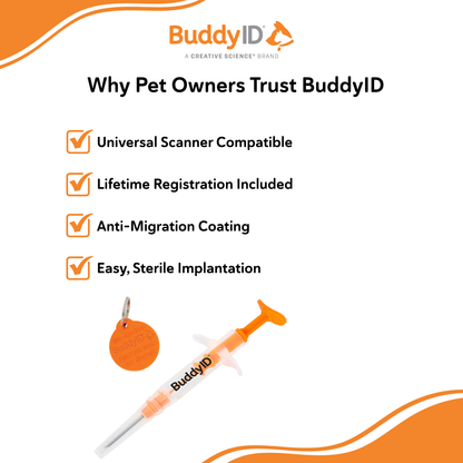 BuddyID®  ISO Microchip,"Microchip syringe with orange pet ID tag"