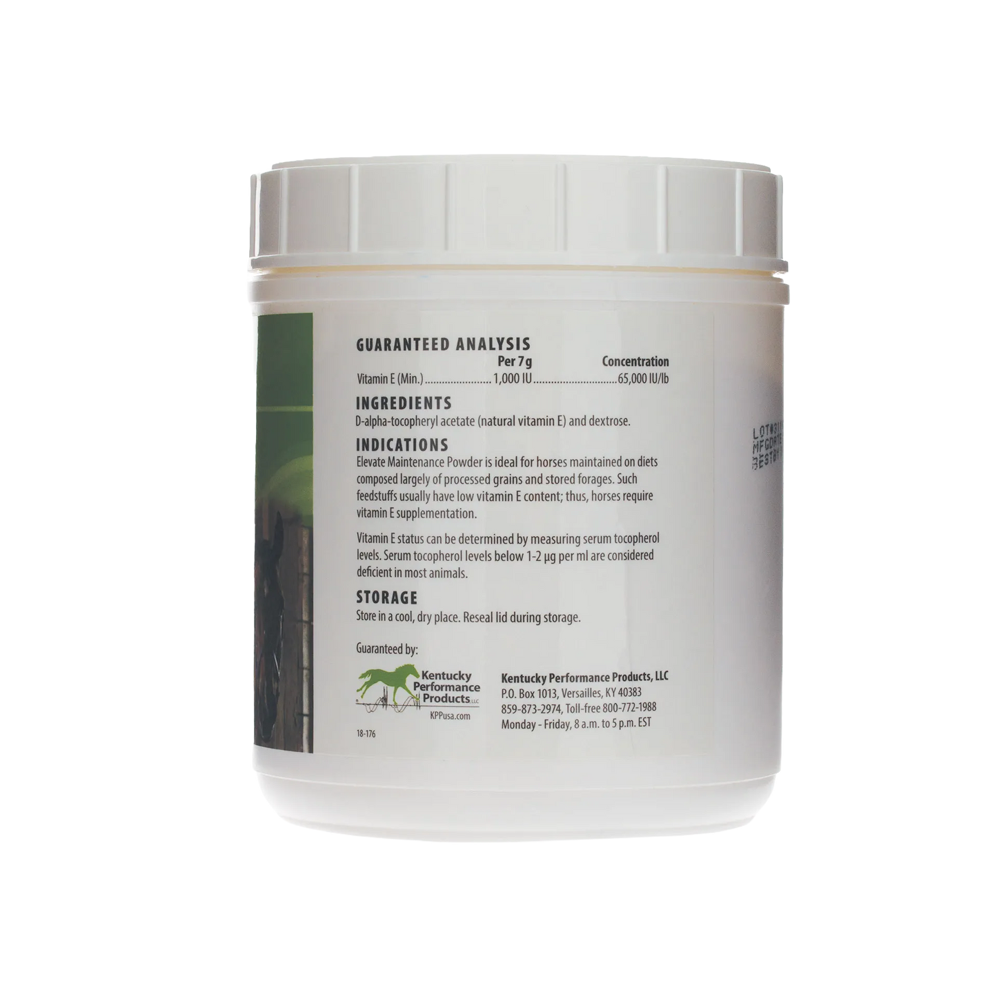 Elevate Maintenance Powder,"White plastic tub showing back label"