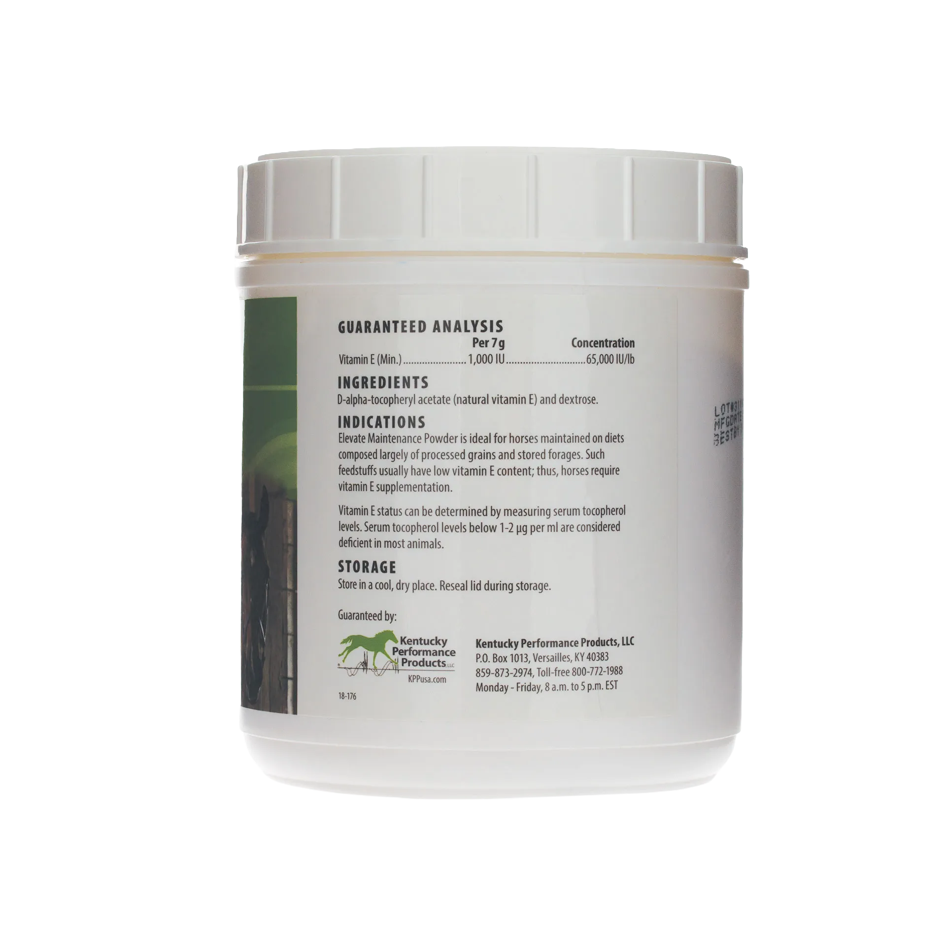Elevate Maintenance Powder,"White plastic tub showing back label"